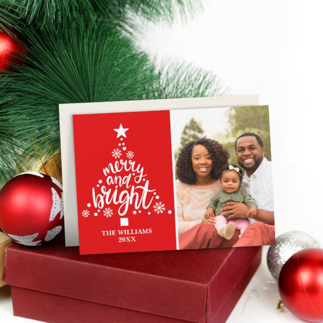 Modern röd Merry & Bright anpassad foto jul Julkort (Modern Red Merry & Bright Custom Photo Holiday Card
)