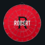 Modern röd mongrammbräda i namn darttavla<br><div class="desc">Modern röd ritbräda med vit namn och svart monogram. Anpassa till namn och börja med.</div>
