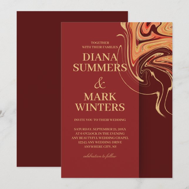 Modern röd och beige abstrakt. Bröllopsinbjudan Inbjudningar (Fram/baksida)