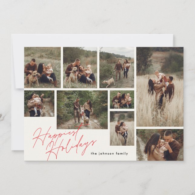 Modern röd och benvit jul 9 Photo Happiest Julkort (Framsida)