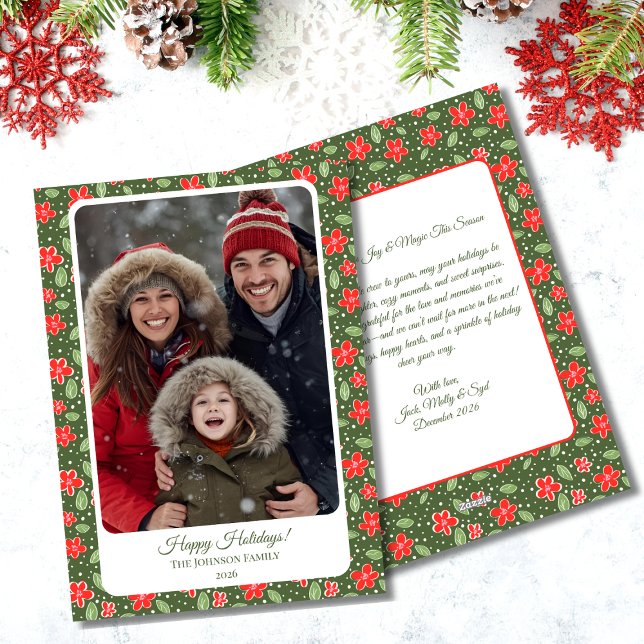 Modern röd och grön blommig fyrkantig fotohögtidsk julkort (Modern Floral Photo Flat Holiday Card)