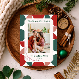 Modern röd och grön geometrisk blommig mönsterfoto julkort