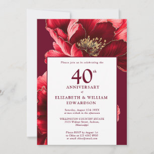 Modern röd och guld blomster 40-årsjubileum inbjudningar