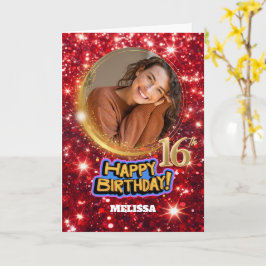 Modern röd och guld glitter foto namn 16-årsdag kort