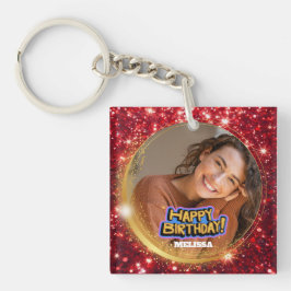 Modern röd och guld glitter foto namn födelsedag