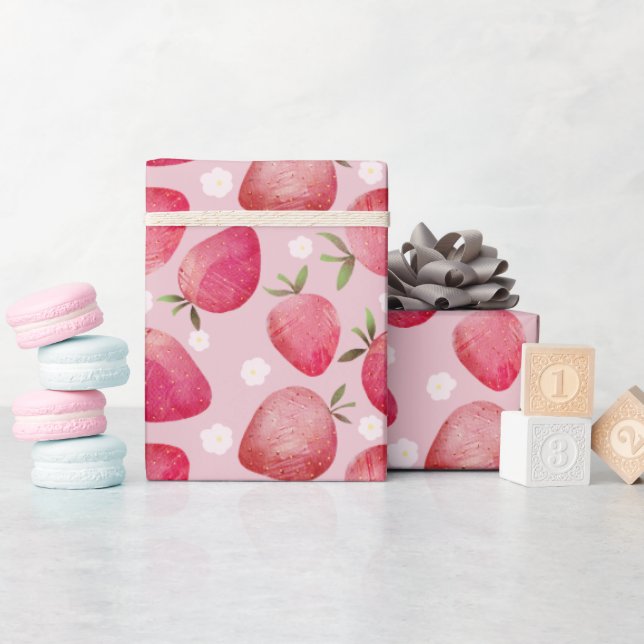Modern röd och rosa akvarell jordgubbsmönster presentpapper (Baby Shower)