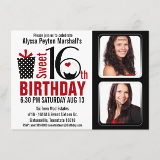 Modern röd och svart 2 foton Söt 16 Party Inbjudningar