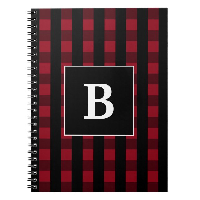 Modern röd och svart buffelplaidmonogram anteckningsbok (Framsidan)