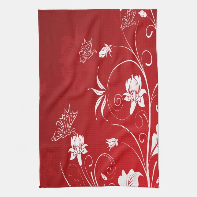 Modern röd och vit Blommigt Kökshandduk (Vertikal)
