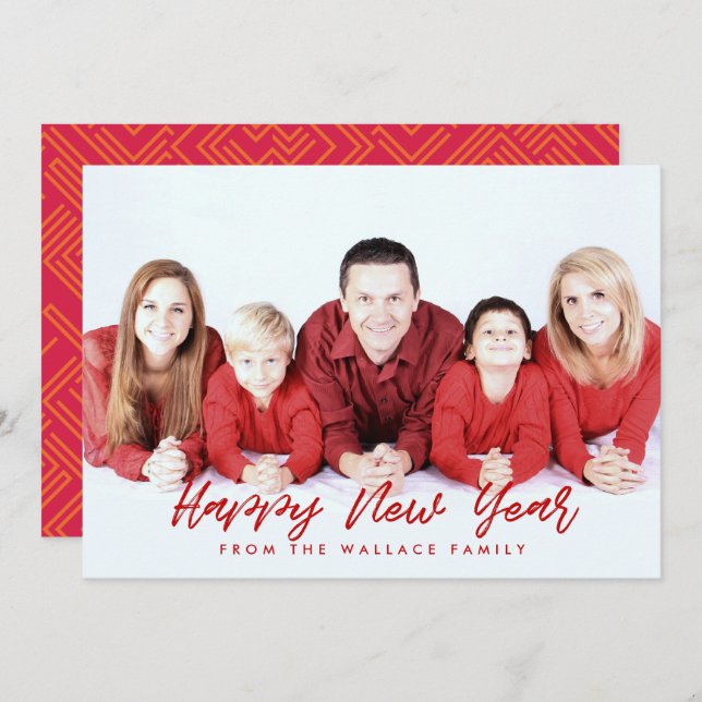 Modern röd och vit Gott nytt år-familjfoto Julkort (Fram/baksida)