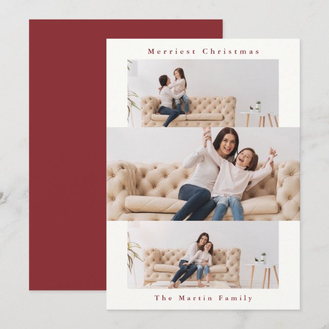 Modern röd och vit samling med tre foton julkort (Fram/baksida)