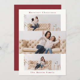 Modern röd och vit samling med tre foton julkort