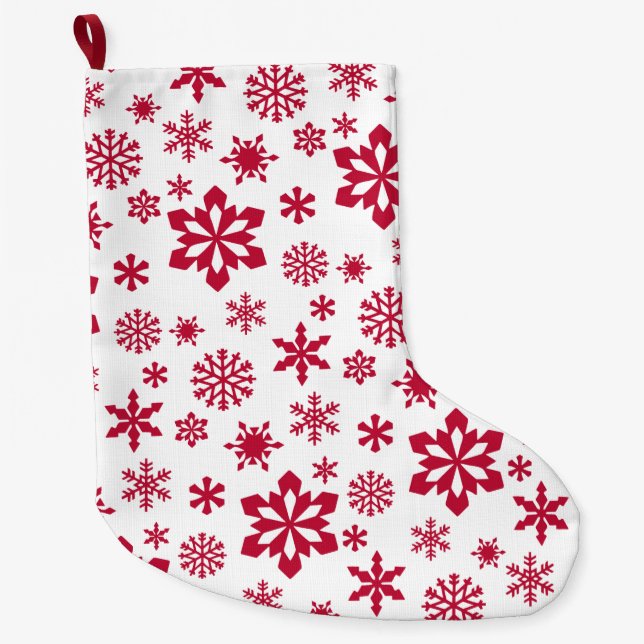 Modern röd och vit snöflake mönster stor julstrumpa (Framsidan)