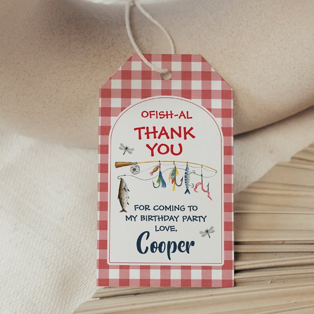 Modern röd Ofishally One 1-års födelsedagspresent  Presentetikett (Fishing themed O-fish-ally 1st birthday tags, O-Fish-Ally One Fishing 1st Birthday Favor Tags,
)