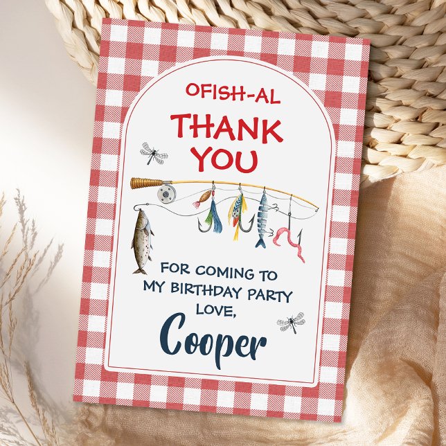 Modern röd Ofishally One 1-årsdag  Tack Kort (Fishing Birthday Thank You Card, Ofishally One Birthday Thank you Card, Red Gingham Fishing Card
)