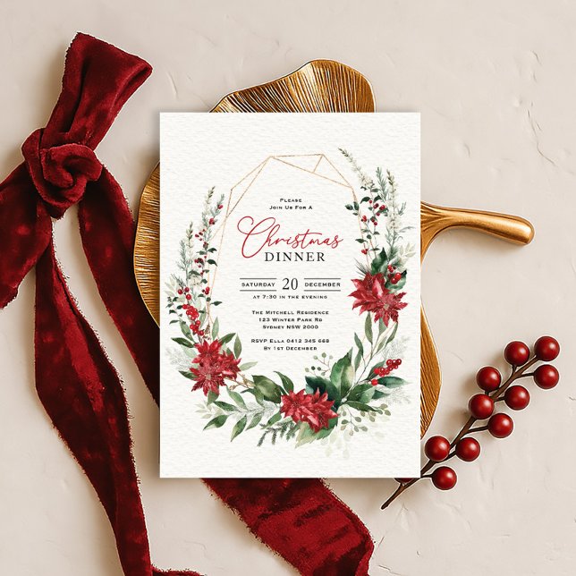 Modern röd poinsettia grönska julmiddag inbjudningar (Skapare uppladdad)