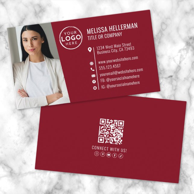 Modern Röd Professionell QR-kod Fotologo Visitkort (Modern Red Professional QR Code Photo Logo Business Card )