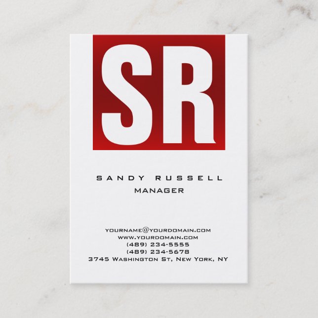 Modern röd randig vit vertikal stor monogram visitkort (Framsida)