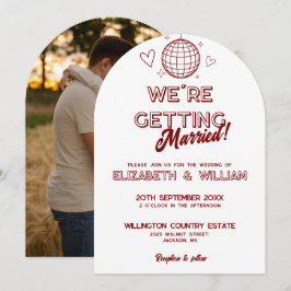 Modern röd retro disco groovy bröllopsfoto inbjudningar