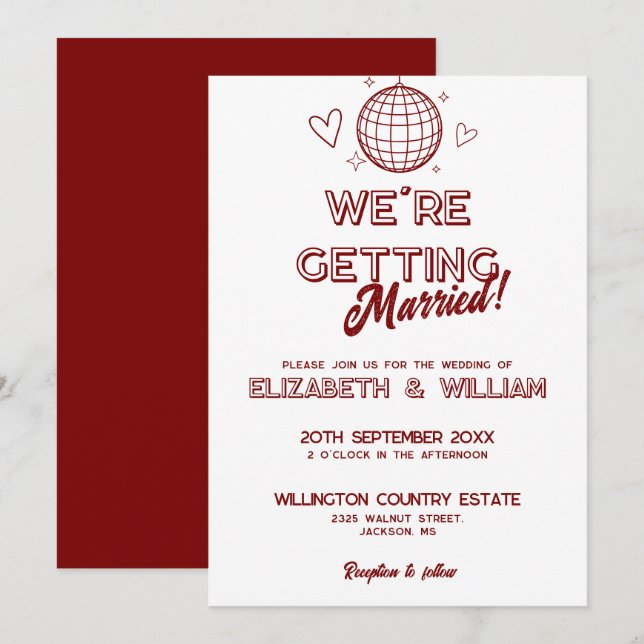 Modern röd retro disco groovy bröllopsinbjudan inbjudningar (Fram/baksida)