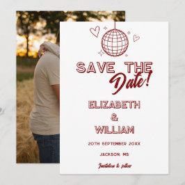 Modern Röd Retro Disco Groovy Foto Bröllop Spara Datumet