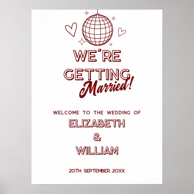 Modern röd retro diskotek groovy bröllops välkomst poster (Framsidan)