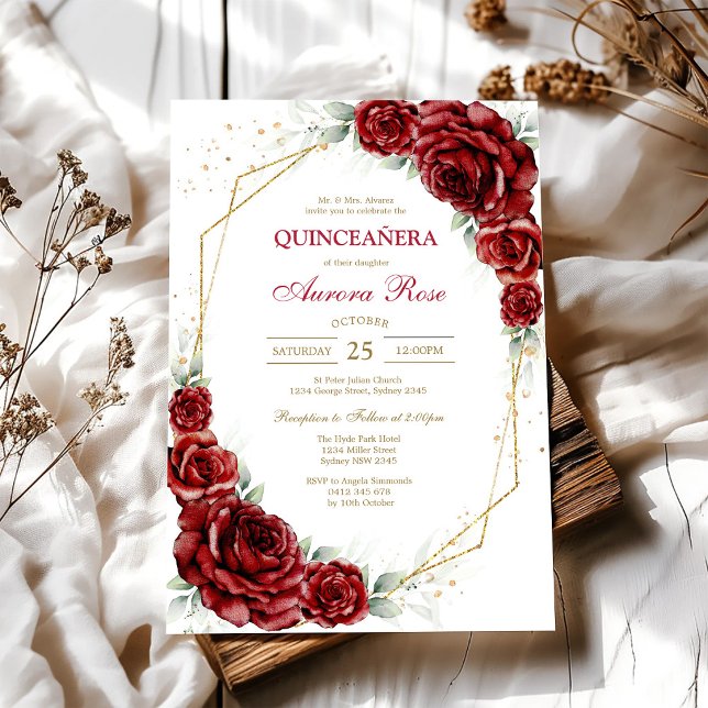 Modern röd ros blomster Quinceanera inbjudan (Skapare uppladdad)