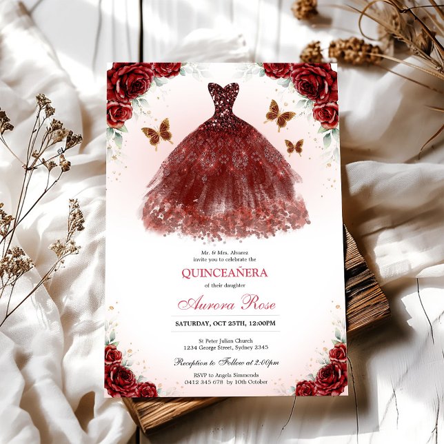 Modern röd ros blomster Quinceanera inbjudan (Skapare uppladdad)