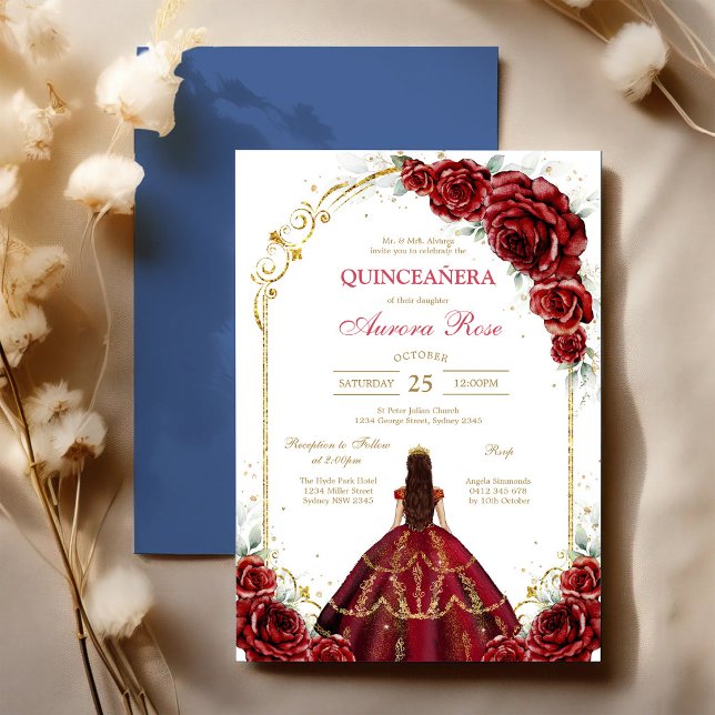 Modern röd ros blomster Quinceanera inbjudan (Skapare uppladdad)