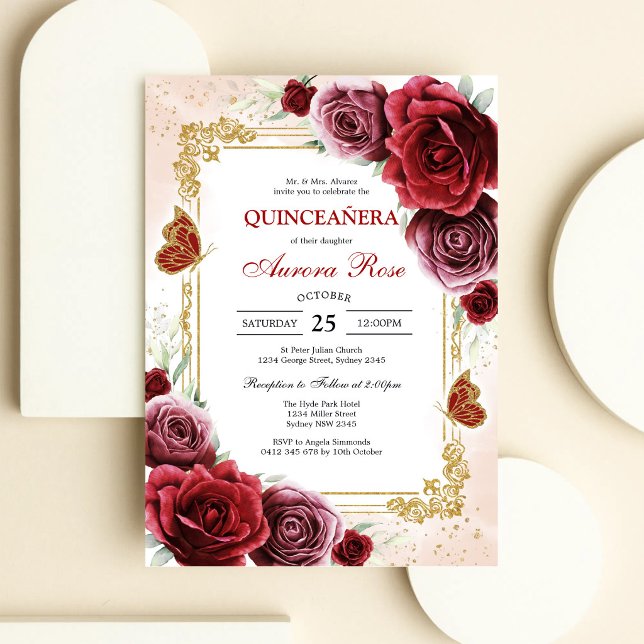Modern röd ros blomster Quinceanera inbjudan (Skapare uppladdad)