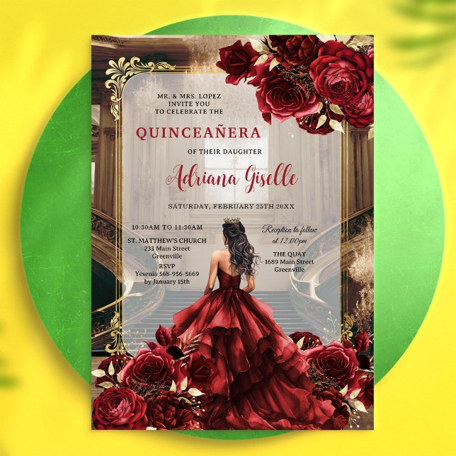 Modern röd ros blomster Quinceanera inbjudan (Skapare uppladdad)