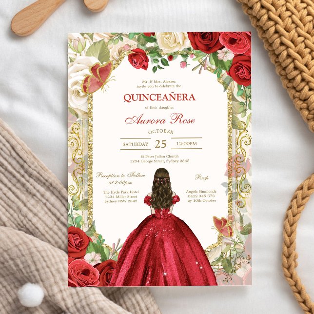 Modern röd ros blomster Quinceanera inbjudan (Skapare uppladdad)