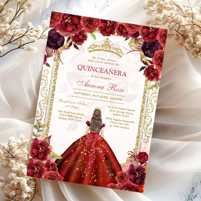 Modern röd ros blomster Quinceanera inbjudan (Skapare uppladdad)
