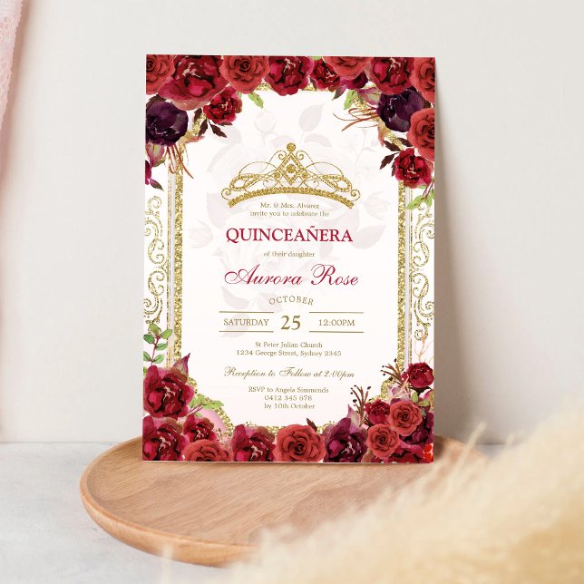 Modern röd ros blomster Quinceanera inbjudan (Skapare uppladdad)
