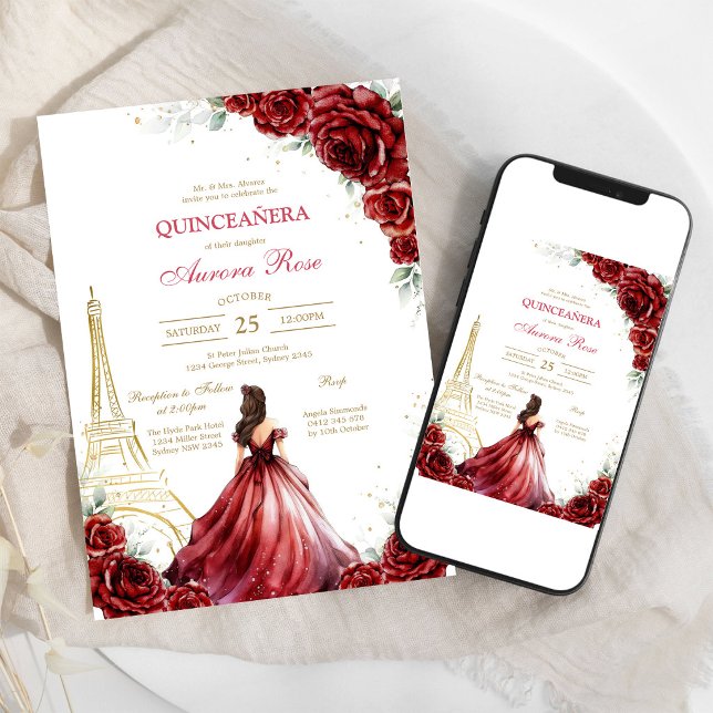 Modern röd ros blomster Quinceanera inbjudan (Skapare uppladdad)