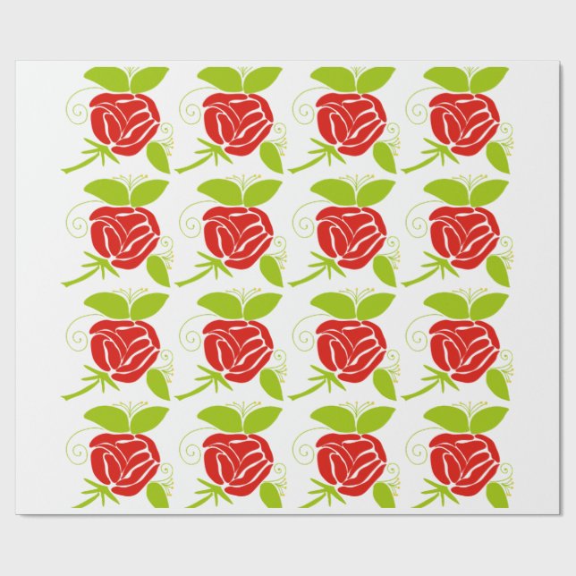 Modern röd ros och grönt blad Mönster Wrappar  Presentpapper (Platt)