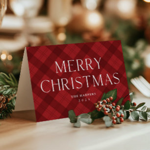 Modern röd rutig elegant glad jul vikbar helgkort