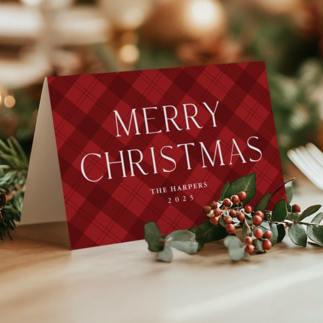 Modern röd rutig elegant typografi jul helgkort (Modern Red Plaid Rustic Non Photo Christmas Holiday Cards.)