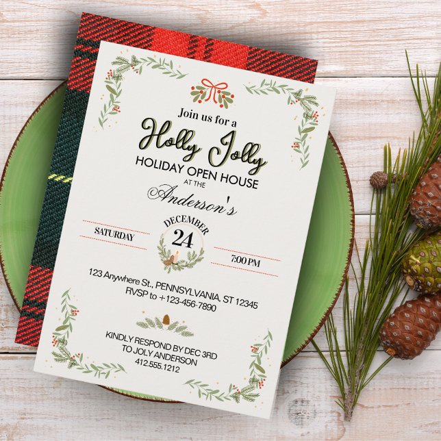 Modern röd rutig julfestinbjudan inbjudningar (Elegant Modern Plaid Christmas Party Invitation)