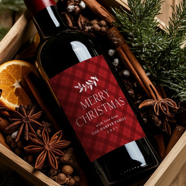 Modern röd rutig rustik jul vinflaska etikett (Modern red plaid rustic Christmas wine label.)