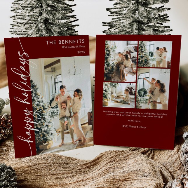 Modern röd skript Glad jul fotokollage  Julkort (Skapare uppladdad)