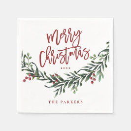 Modern röd skript God Jul grönska Pappersservett