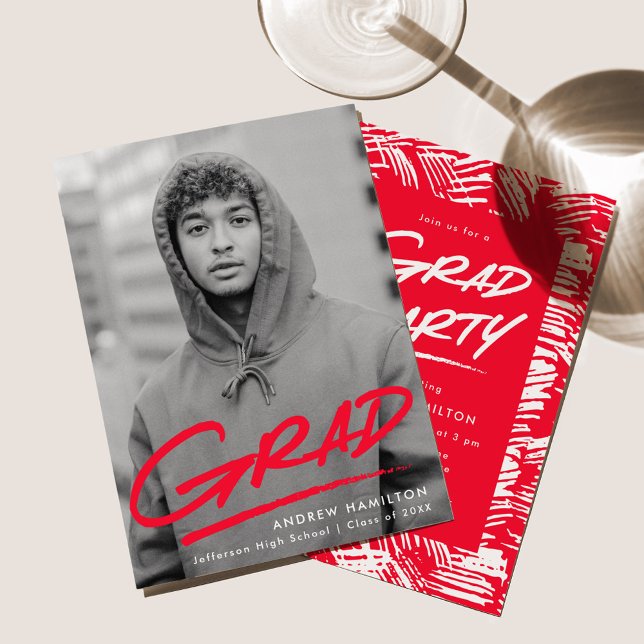 Modern röd streckad fotofest för examen inbjudningar (Skapare uppladdad)