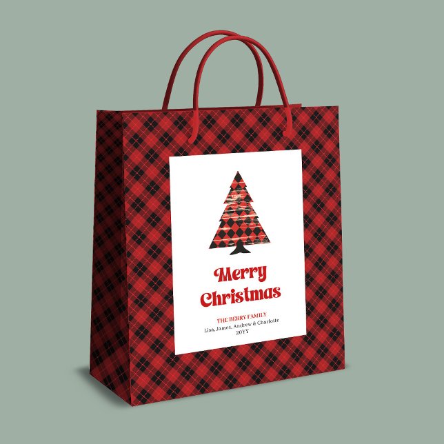 Modern röd svart karorad julpåse redigerbar text (Modern red black plaid Christmas bag editable text)