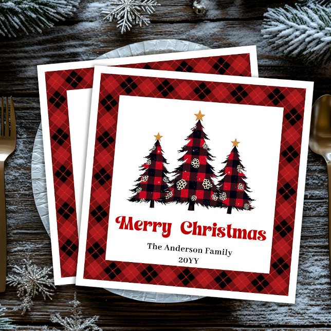 Modern röd svart karotröja anpassad pappersservett (Modern Red Black Plaid Tree Napkin Custom)