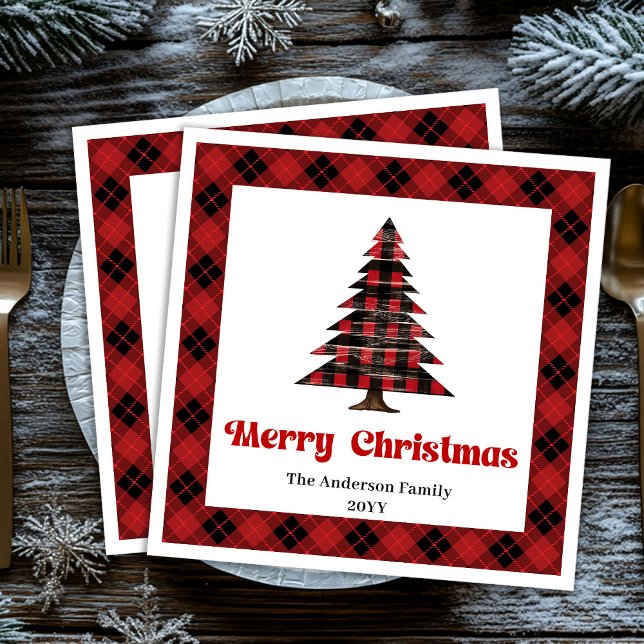 Modern röd svart Tartan julservett anpassad Pappersservett (Modern Red Black Tartan Christmas Napkin Custom)