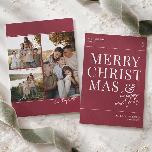 Modern röd typografi foto julkort (Modern Crimson Red Typography Photo Christmas Card)