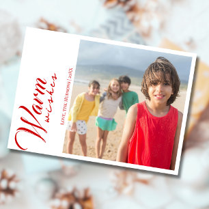 Modern röd varma önskningar Två strand familjefoto Julkort