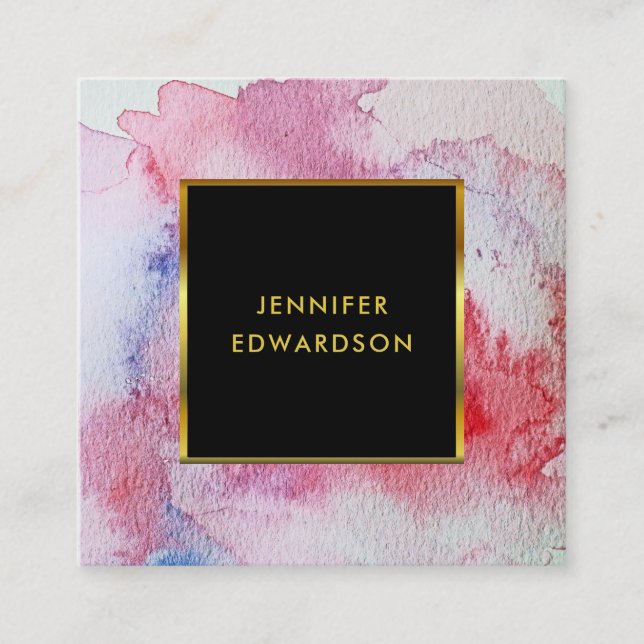 Modern röd vattenfärgstänk guld svart ram fyrkantigt visitkort (Framsida)