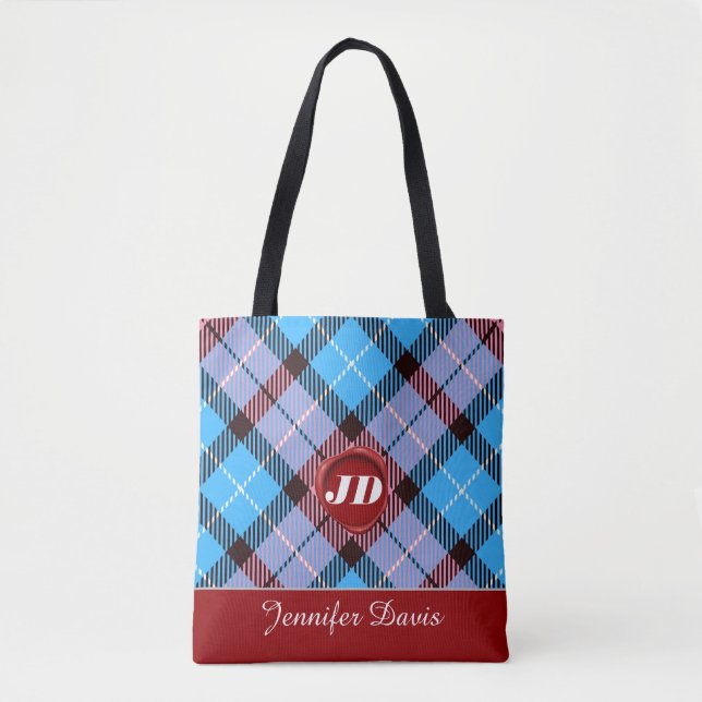 Modern röd vaxmonogram skriptnamn Plaid Tartan Tygkasse (Framsida)
